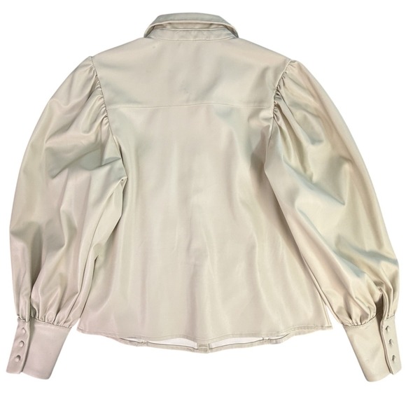 Faux Leather Long Sleeve Button Down Shirt Cream Puff Sleeve Size M - Picture 10 of 11